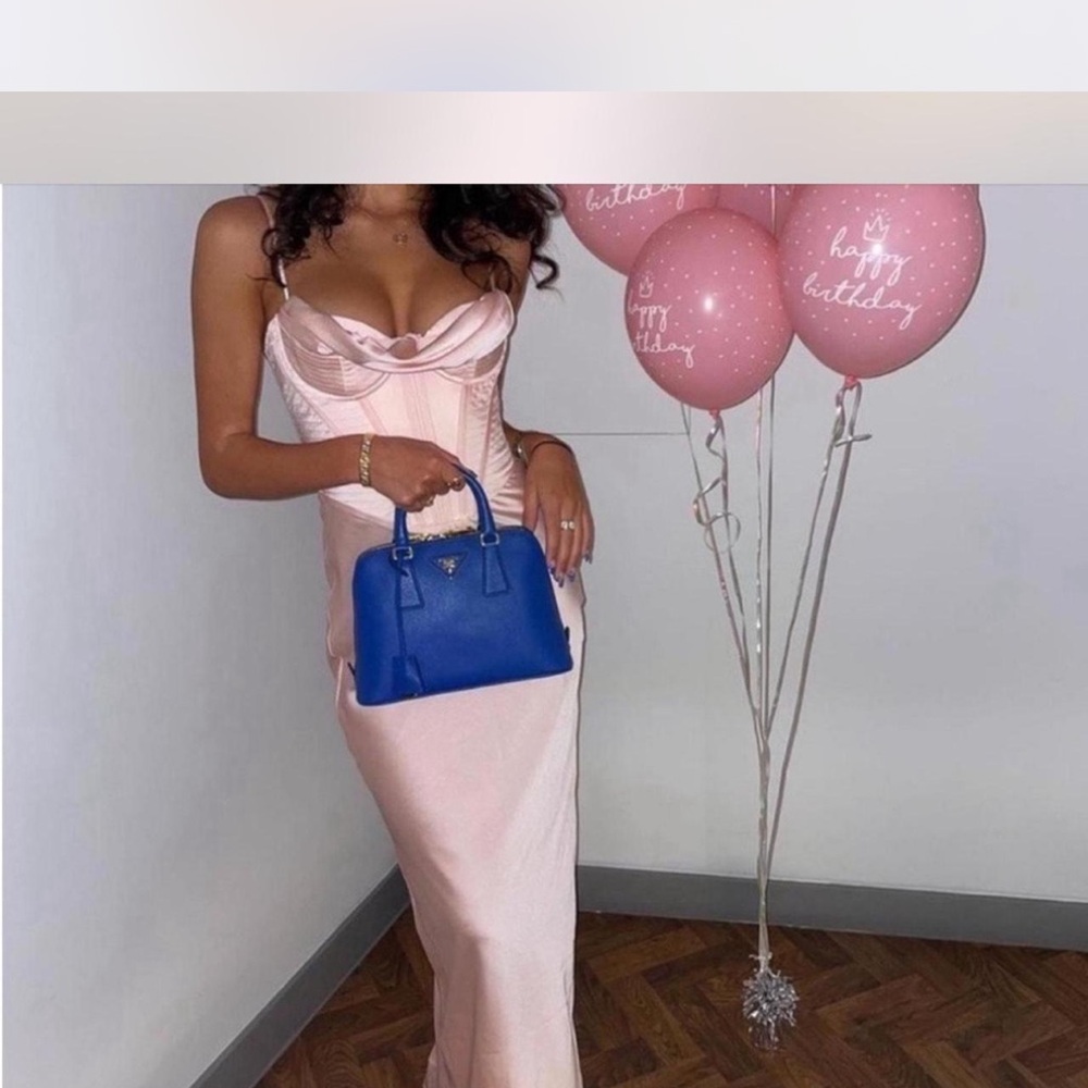 House of CB Pink Dress with Blue Bag